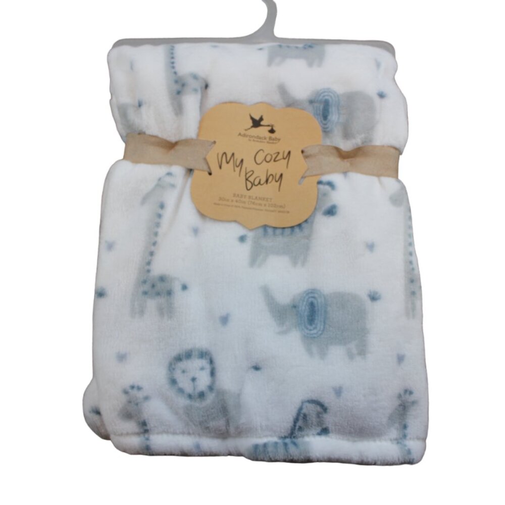 Adirondack My Cozy Baby Gray Safari Elephant Lion Fleece Blanket Boys White NWT